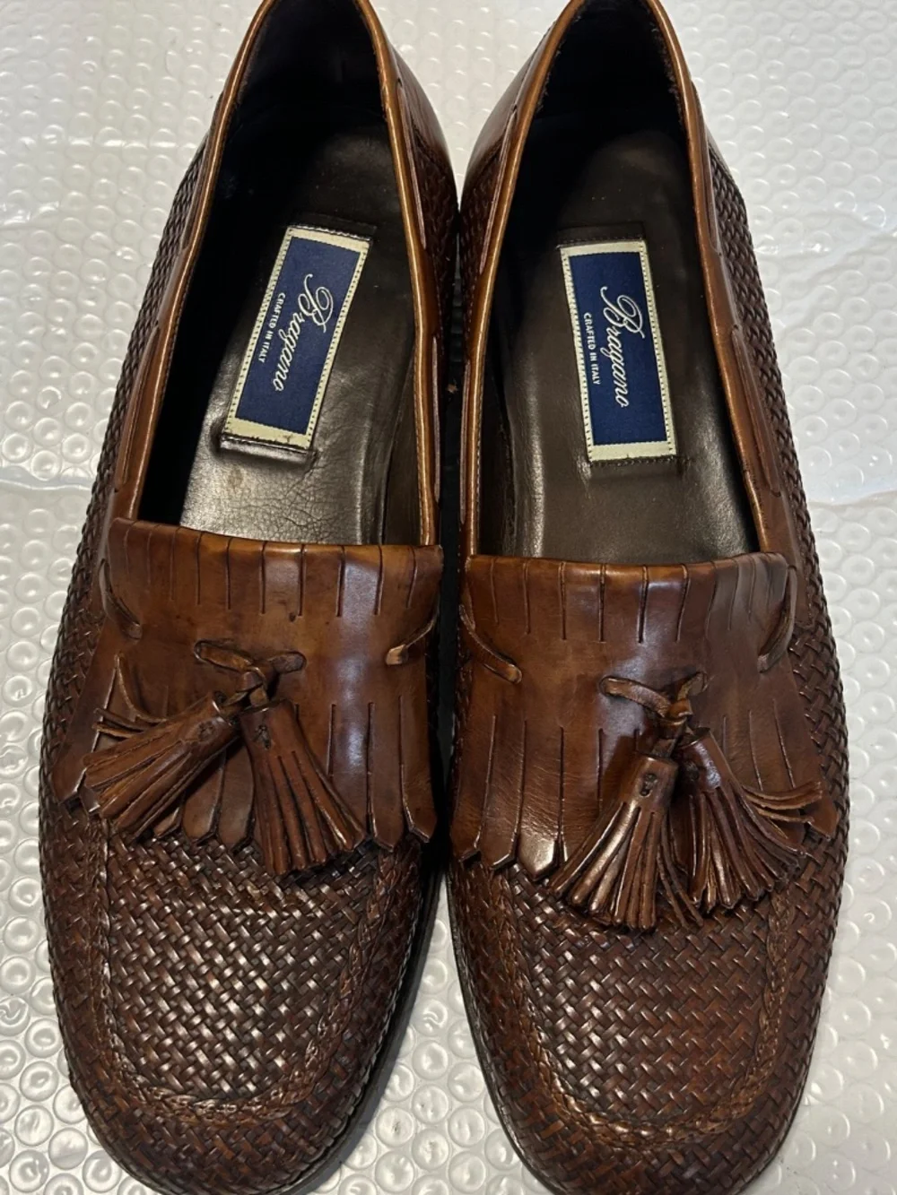 Bragano Woven Brown Leather Tasssel Loafer Shoes Men's Size 10.5 M Made in Italy